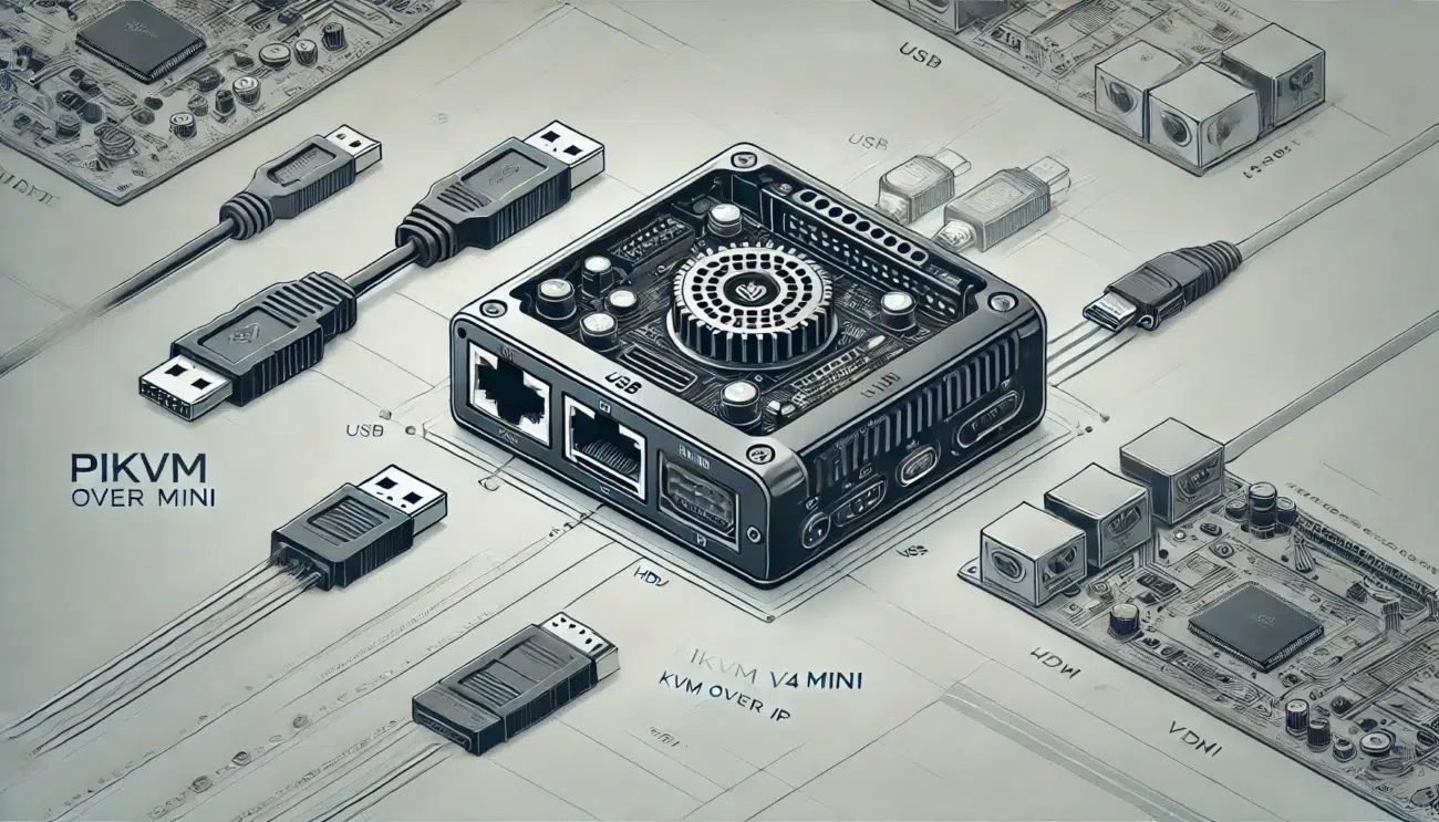 DALL·E 2024 08 27 12.14.27 A detailed and sleek illustration of the PiKVM V4 Mini device. The image should show the device prominently highlighting its ports such as USB HDMI