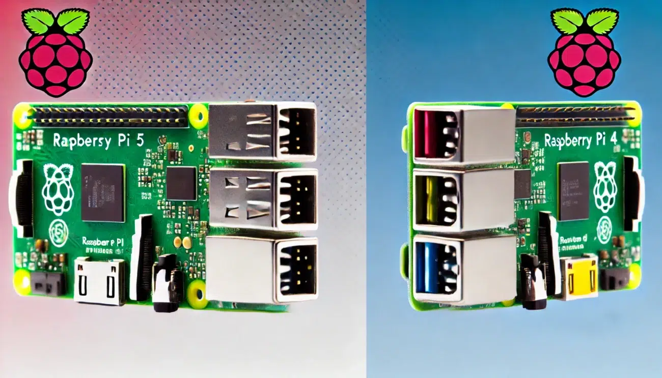 DALL·E 2024 08 27 12.25.57 A detailed comparison image showing the Raspberry Pi 5 and Raspberry Pi 4 side by side. The image should highlight the differences in design and ports