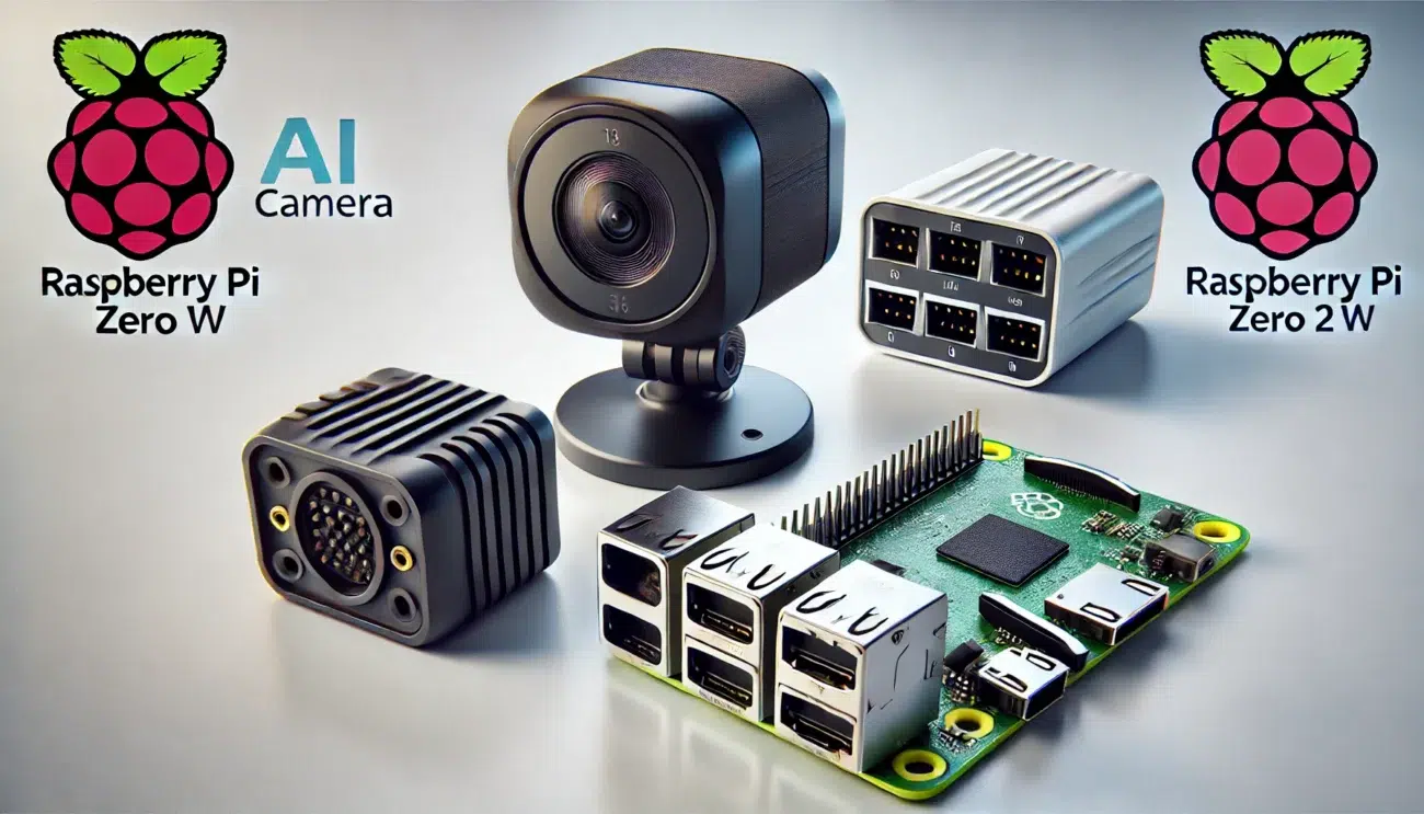 DALL·E 2024 10 10 11.51.35 A realistic illustration showcasing the three new Raspberry Pi products the AI Camera the Bumper and the Raspberry Pi Zero 2 W with preinstalled co