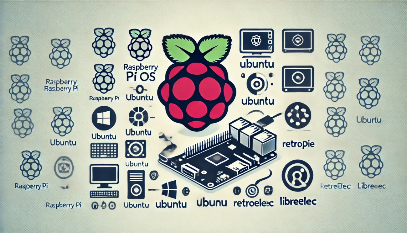 DALL·E 2024 10 24 15.44.14 A clean and modern illustration showing various operating systems suitable for Raspberry Pi such as icons or representations of Raspberry Pi OS Ubun