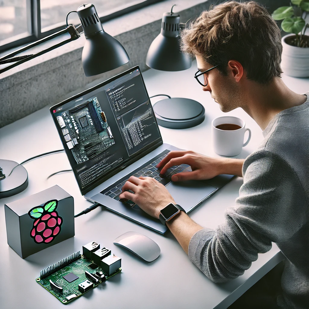 DALL·E 2024 11 05 15.56.41 An extremely realistic photograph of a person working on a modern laptop at a clean professional desk with a Raspberry Pi device set up beside the l