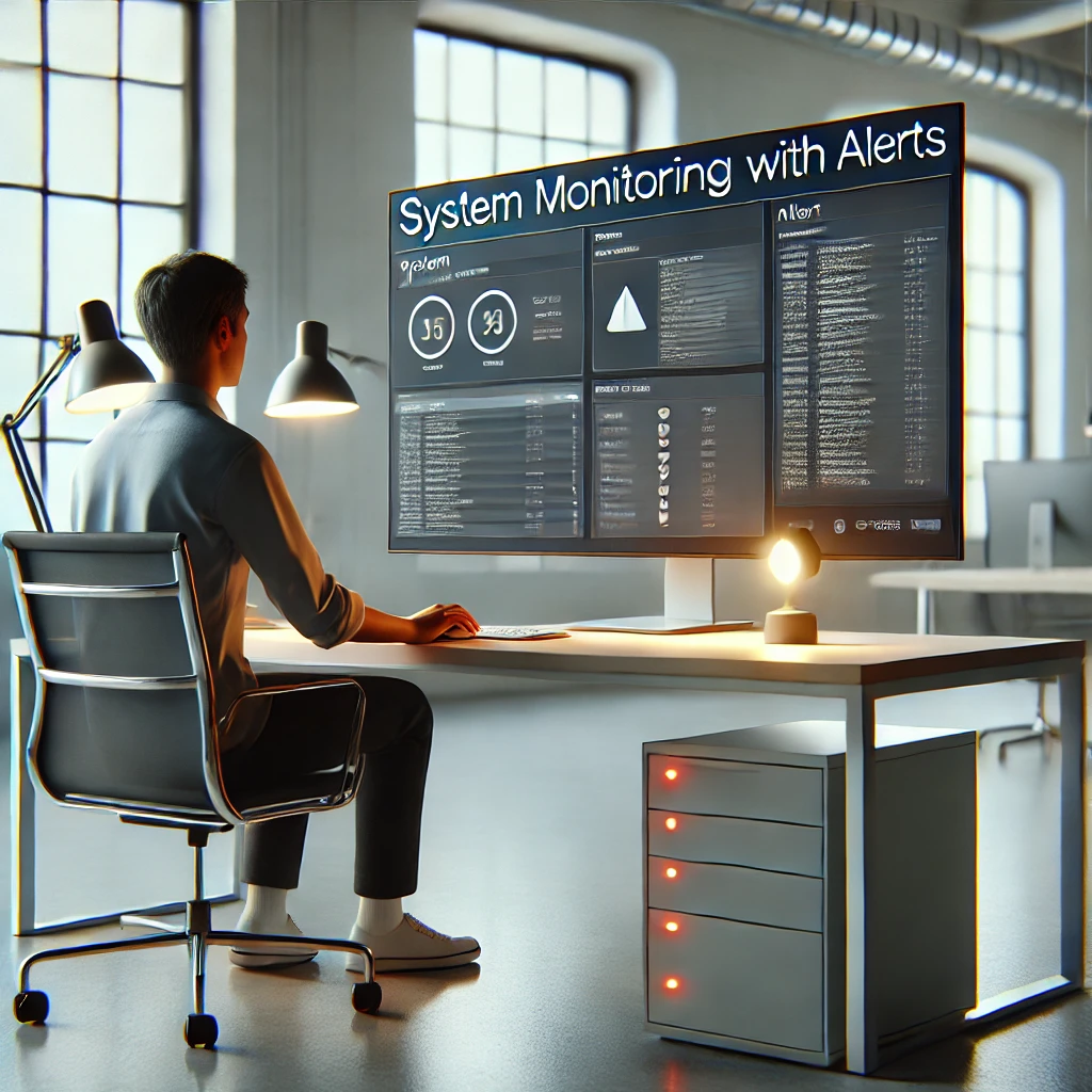 DALL·E 2024 11 05 16.09.43 A realistic and minimalistic image showing a professional setup for system monitoring with alerts. The scene features a modern workspace with a comput