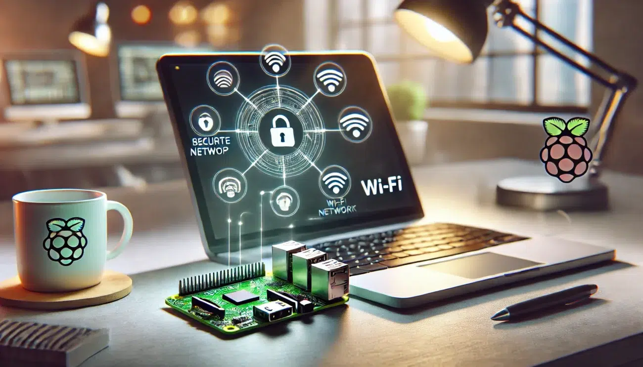 DALL·E 2024 11 15 16.57.44 A realistic illustration of a Raspberry Pi device connected to a laptop screen showing a remote desktop interface with graphical elements representin