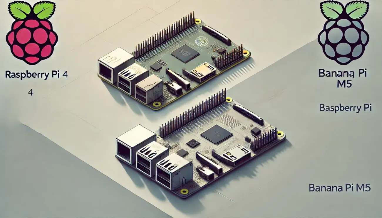 DALL·E 2024 12 17 10.30.14 A clean minimalistic landscape style illustration comparing a Raspberry Pi 4 and a Banana Pi M5. The design should feature both single board computer