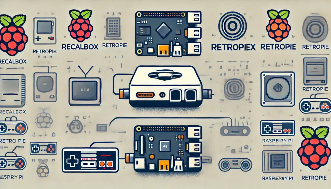 DALL·E 2025 01 02 11.18.49 A modern and clean comparison illustration featuring Recalbox RetroPie and Batocera. The design should display icons or visuals representing retro g