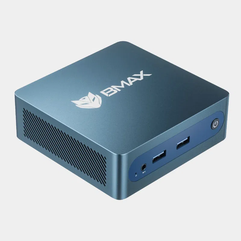 Mini PC BMAX B1 Plus bleu vu de trois quarts avec logo BMAX et ports USB-C