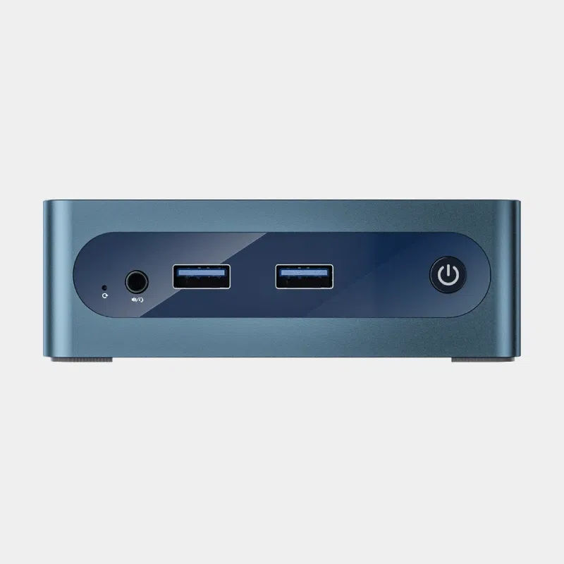 Mini PC BMAX B1 Plus vu de face avec prise casque, ports USB et bouton d'alimentation