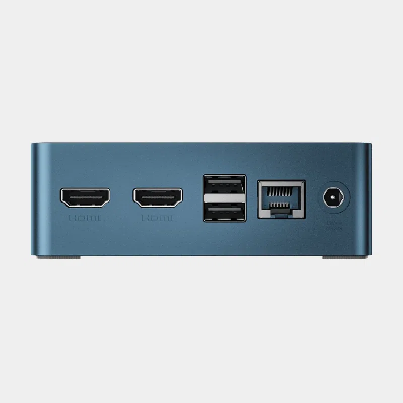 Mini PC BMAX B1 Plus vu de dos avec deux ports HDMI, USB et prise Ethernet