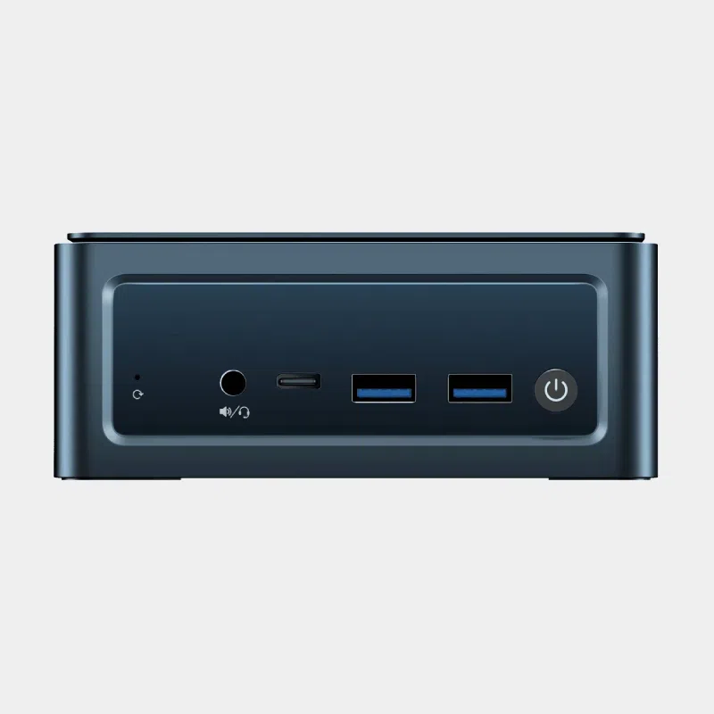 Mini PC BMAX B11 Pro vu de face avec prise casque, port USB-C et bouton d'alimentation