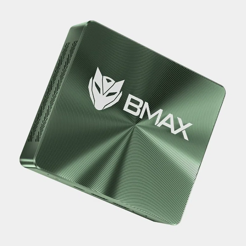 Mini PC BMAX B6 Plus vert métallisé vu de trois quarts avec logo BMAX