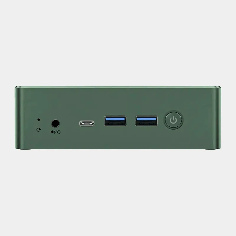 Mini PC BMAX B6 Plus vu de face avec prise casque, port USB-C et bouton d'alimentation