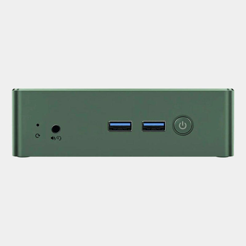Mini PC BMAX B6 Turbo vu de face avec prise casque, ports USB et bouton d'alimentation
