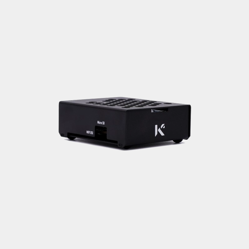 Accueil 33 Boîtier métallique noir pour ODROID-N2L vu de trois quarts avec grille de ventilation et logo Hardkernel