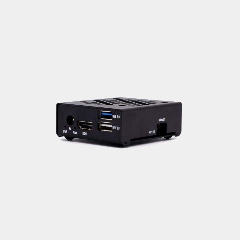 Accueil 34 Boîtier métallique noir pour ODROID-N2L vu de face avec ports HDMI, USB et alimentation visibles