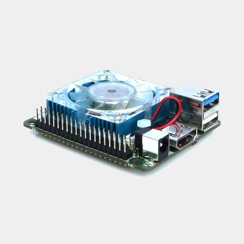 Accueil 28 Carte ODROID-N2L vue de profil avec ventilateur, connecteur USB et bouton d'alimentation